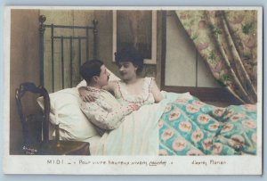 Risque Humor Postcard RPPC Photo Couple Romance On Bed France c1910's Antique
