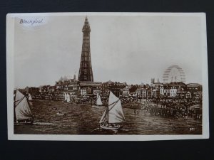 Lancashire BLACKPOOL Tower, Sailing Boat & Animated Beach c1920s RP Postcard