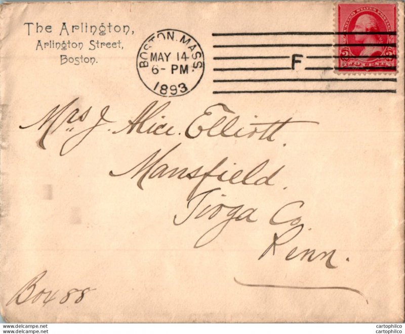 US Cover 2c Boston 1893 Mass for Mansfield  Mas Arlington