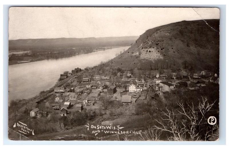 Postcard Aerial De Soto Wisconsin WI & Winneshiek Hill *2x corner bent* RPPC H15