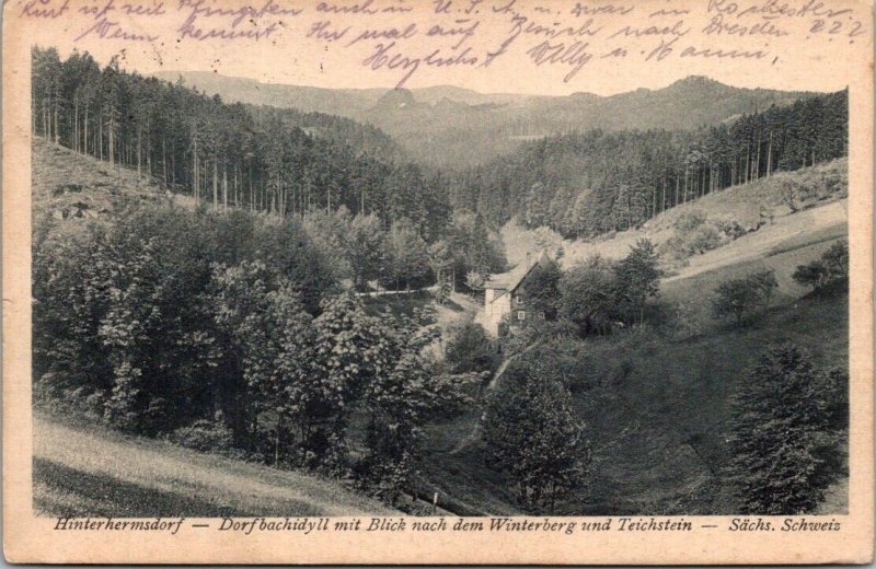 Antique Postcard RPPC DB Hinterhermsdorf Blick Winterberg Teichstein 1926