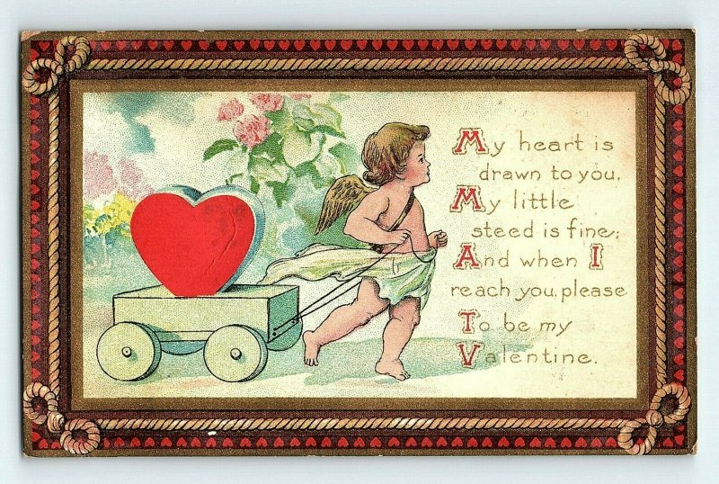 C.1910 Lovely Cupid Pulling Heart Cart Valentine Postcard P151