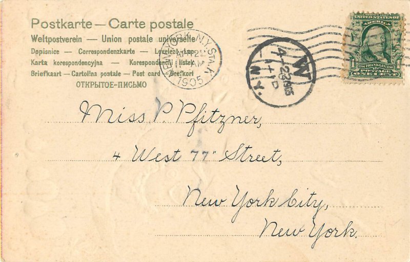 Embossed Easter Postcard 2 Dressed Lady Chicks w/ Bonnets & Umbrellas Ser 111