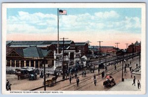 1920's NEWPORT NEWS VIRGINIA VA ENTRANCE TO SHIPYARD AMERICAN FLAG POSTCARD