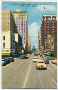 Main Street North Cars Fort Worth Texas linen postcard