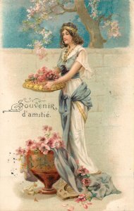 Friendship souvenir greetings  1910 embossed art nouveau beauty lady blossoms