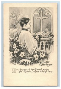 C.1910 Choir Boy Singing Church Cross Easter Bergman Vintage Postcard P77