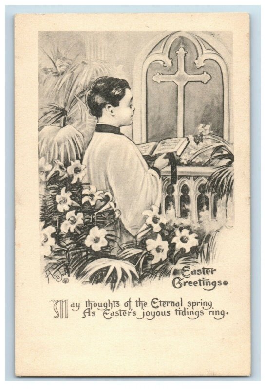 C.1910 Choir Boy Singing Church Cross Easter Bergman Vintage Postcard P77