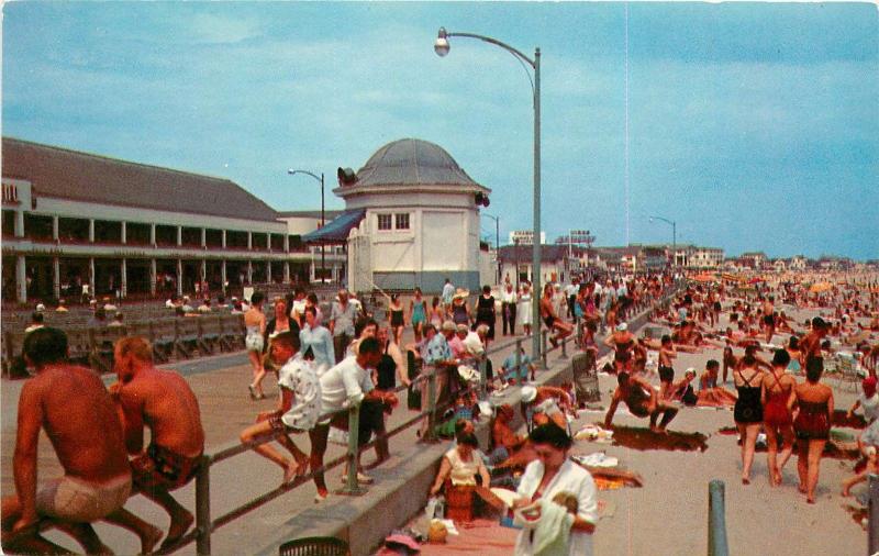 Boardwalk Beach Hampton Beach New Hampshire Summer Scene Sun bathers Postcard