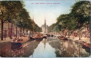 Turf Market w Canal and Old Boats Hague Holland Postcard