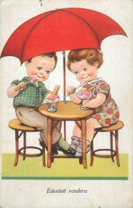 Comic drawn children eating icecream under umbrella greetings postcard Hungary