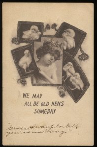 We May All Be Old Hens Someday. Vintage postcard mailed in 1910 from Dublin, IN