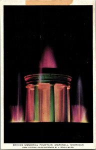 Brooks Memorial Fountain by Night, Marshall MI Vintage Postcard A71