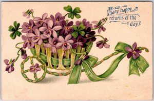 Many Happy Returns, 1908 Green Basket Cart of Purple Violets & Clover, Postcard