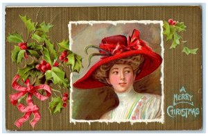 1909 Merry Christmas Pretty Woman Big Hat Holly Berries Embossed Posted Postcard