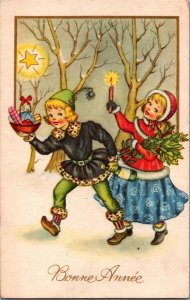 Happy New Year Kids In The Forest Vintage Postcard C003
