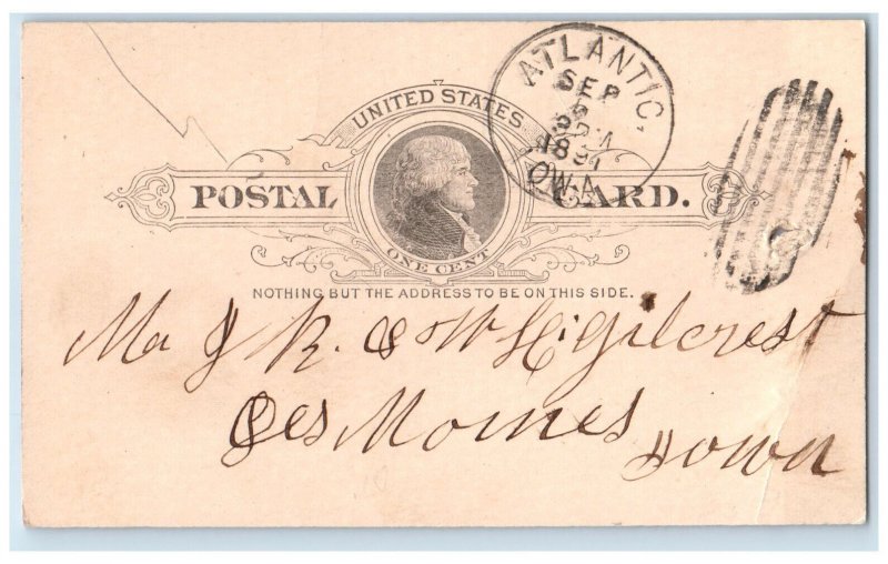 1891 J.B. & W. Gilcrest Atlantic Iowa IA Des Mointes IA Antique Postal Card