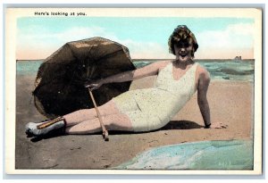 Beach Bathing Beauty Postcard With Umbrella Here's Looking At You c1930s Vintage