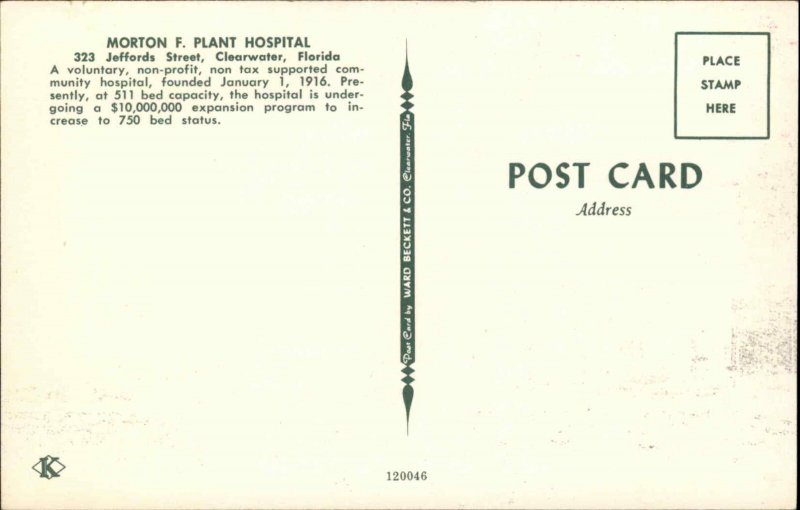 Clearwater Florida FL Hospital c1950s-60s Postcard