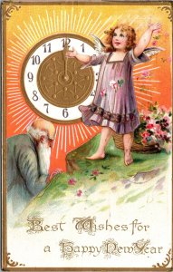 New Year Postcard Baby New Year Angel Father Time Clock at Midnight