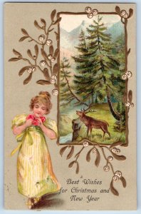 Christmas And New Year Postcard Child Girl With Flowers Mistletoe Embossed