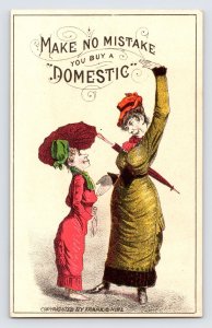 Domestic Sewing Machine Victorian Trade Card, Franks Hine, Women w/ Umbrellas T1