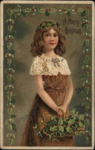 Christmas Pretty Young Girl with Holly Border and Crown c1910 Vintage Postcard
