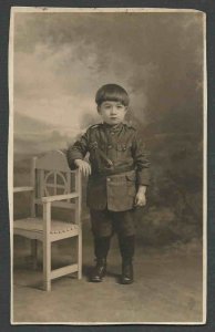 Ca 1902 RPPC* BOY IN MILITARY OUTFIT STAINED IN BACK & TRIMMED UNPOSTED