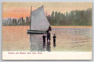 Loon Lake WA Sailboat and Bathers c1910 Washington Postcard F34
