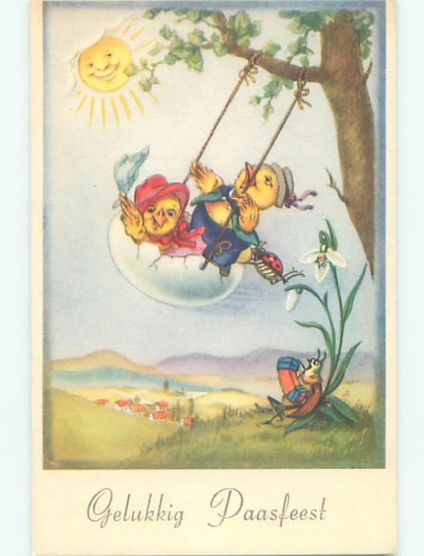 Unused Pre-Chrome easter foreign LADYBUG PLAYS ACCORDION & CHICKS ON SWING J4287