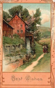 1909 Best Wishes Landscape Old Mill Calligraphic Border Vintage Postcard
