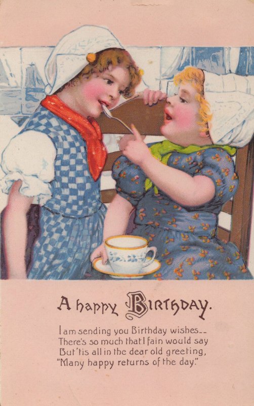 Children Sharing A Silver Teaspoon Birthday Cup Of Tea Old Postcard