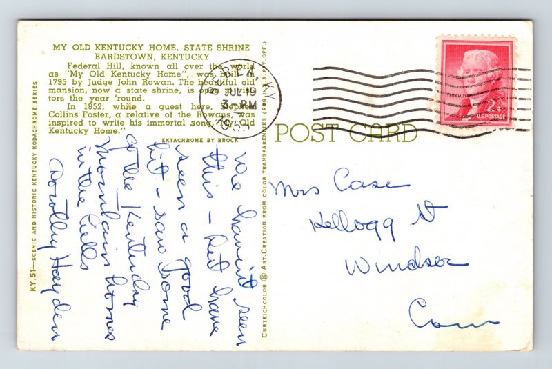 Old Kentucky Home State Shrine Bardstown Kentucky Postcard PM Berea KY Cancel 2c