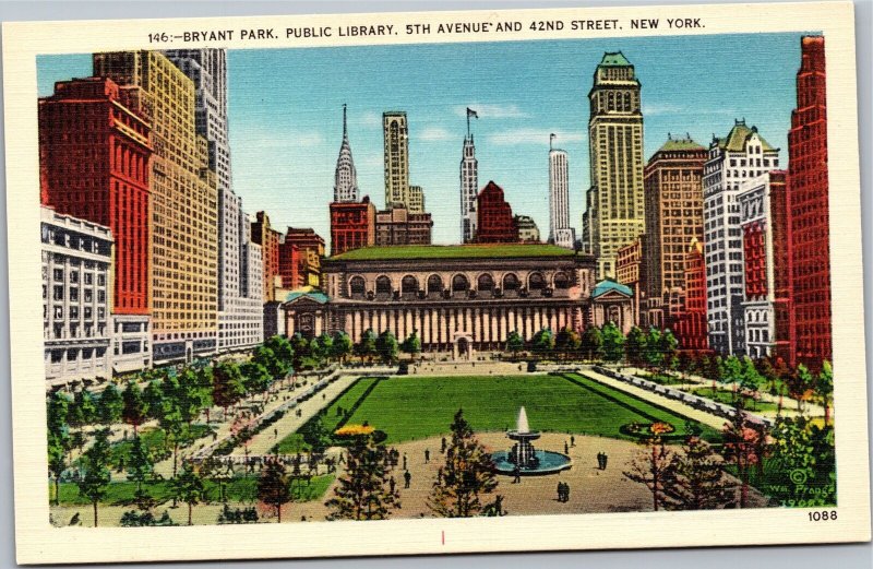 Postcard NY Bryant Park Public Library 5th Avenue and 42nd Street