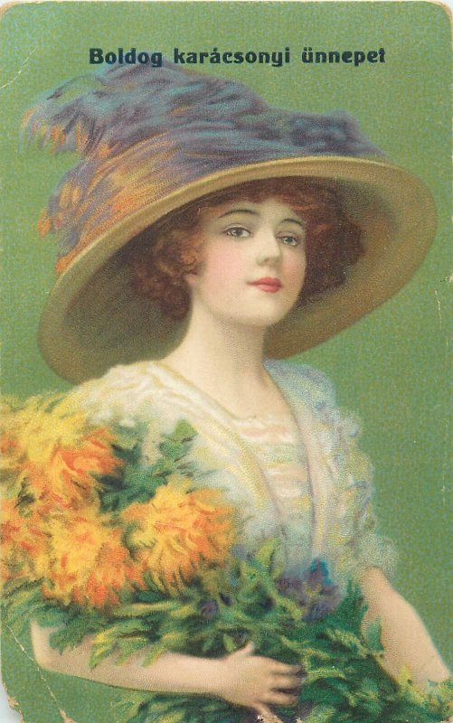 Postcard Greetings flowers bouquet woman hat