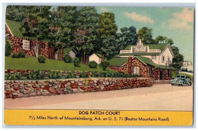 c1940 Mountainsburg Arkansas Dog Patch Court Restaurant Cabin Roadside Postcard