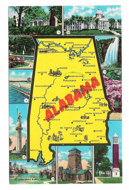 Alabama Map Cities Multiview of Landmarks Vtg Postcard