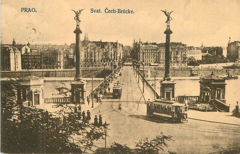 Prague Czech Republic Trolley Street Scene Postcard 22-7686