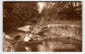 My Birthday Wish RPPC Postcard Victorian Children In Canoe Boat EAS Germany