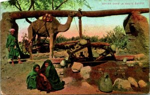 Vtg Postcard 1910s Egypt Sakieh Dans la Haute Waterwheel Green 2 Sphynx Stamps