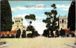 San Diego CA-California, Plaza De Panama, Balboa Park, Linen c1955 Postcard 