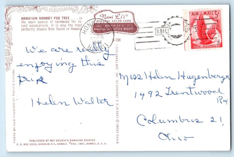 c1961 Honolulu Hawaii HI Vintage Postcard Monkey Pod Tree Main Source Hardwood