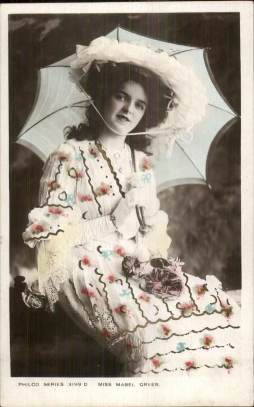 Actress Mabel Green Frilled Dress & Parasol c1910 Real Photo Postcard