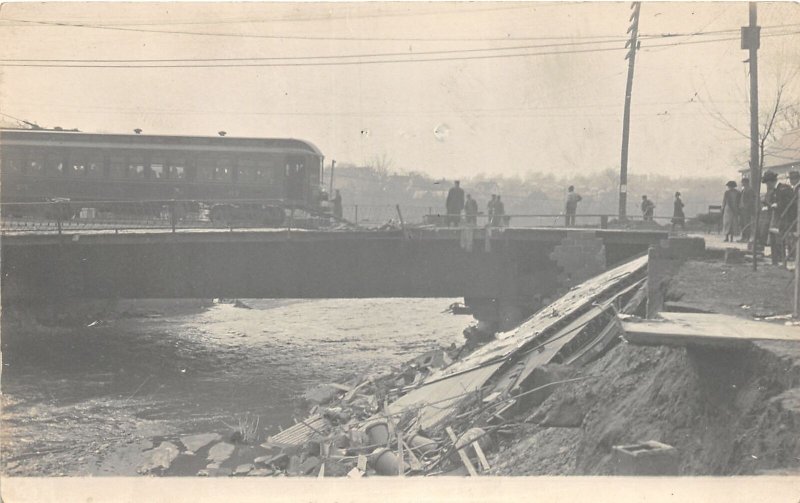 H61/ Akron Ohio RPPC Postcard c1913 Flood Disaster Trolley Bridge 163