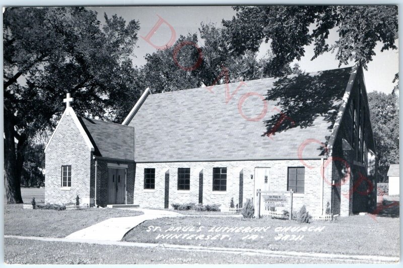 c1950s Winterset, IA RPPC St. Paul's Lutheran Church Brick Chapel Jesus PC A112