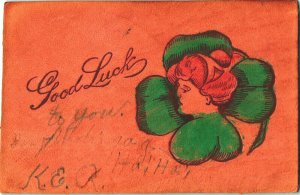 Leather Postcard Comic Good Luck Face in 4-Leaf Clover 1906