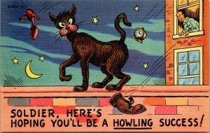 Vtg 1940's Soldier Howling Success Black Cat Moonlight Comic Funny Postcard