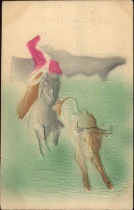 Cowboy Roping Steer Lasso c1910 Postcard - Airbrushed Embossed