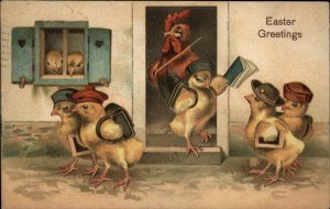 Easter Fantasy Dressed Chicks School Books Teacher Rooster c1910 Postcard