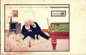 ©1904 FROZE 2 Drunk Guys Playing Pool Vintage Standard View Comic Postcard 